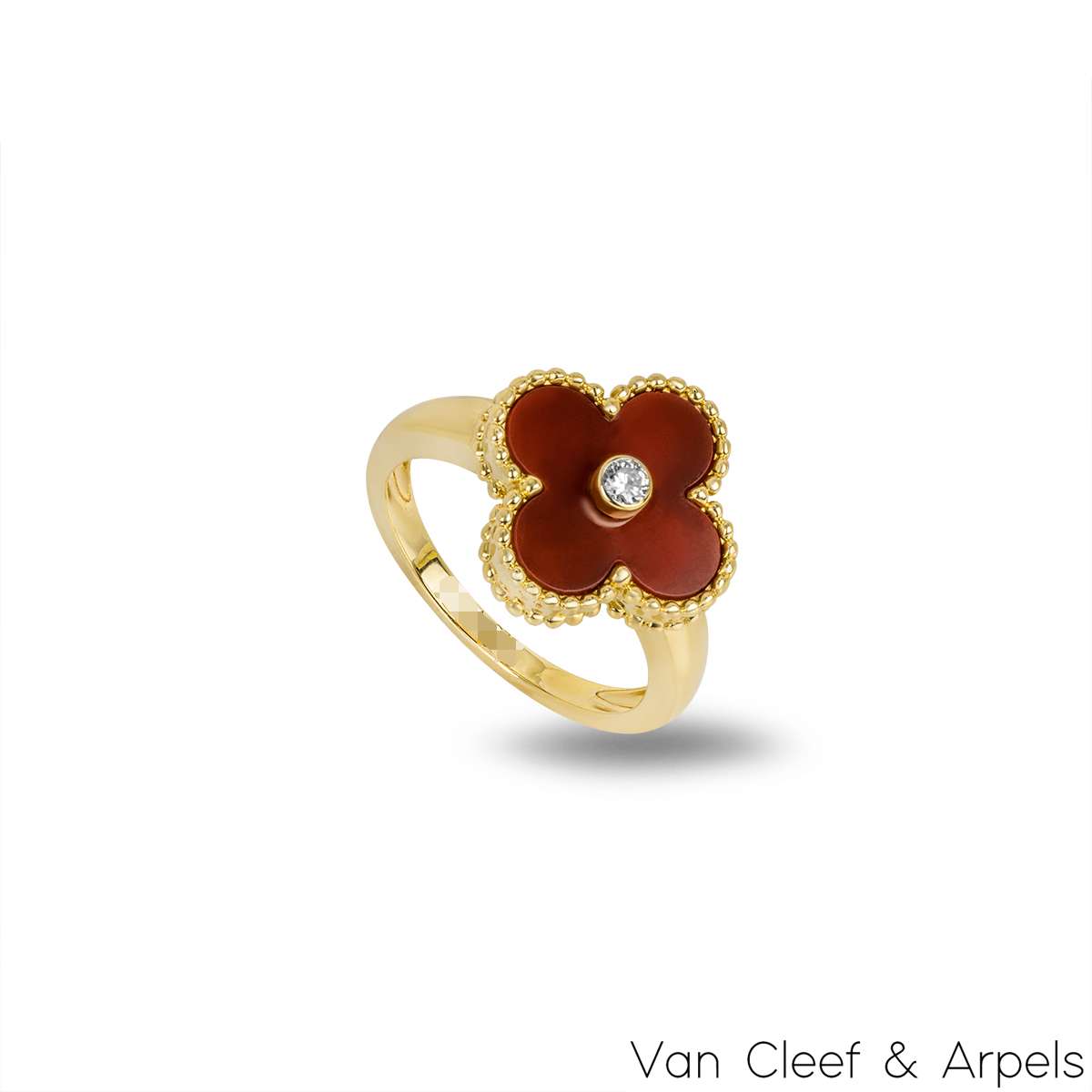 Van Cleef & Arpels Yellow Gold Carnelian & Diamond Vintage Alhambra Ring Size 53 VCARD40800
